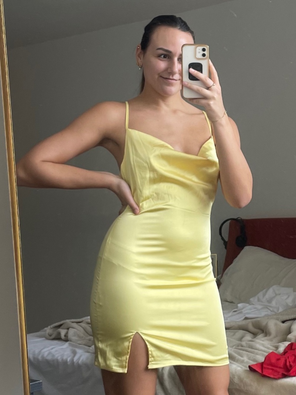 Women's Medium Yellow Mini Satin Bodycon Dress